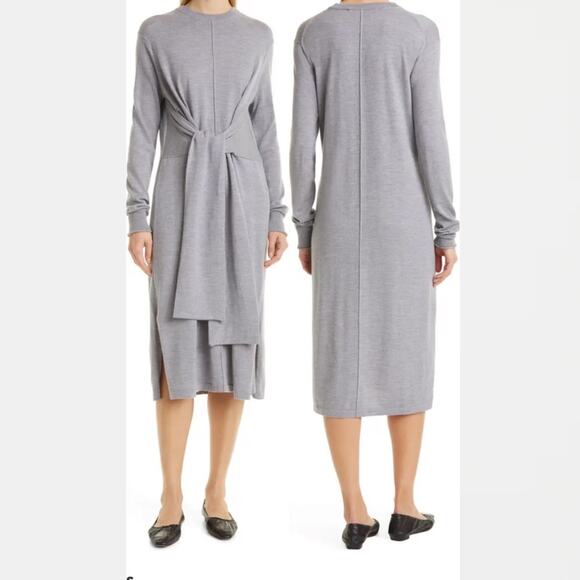NWT NEW PROENZA SCHOULER Gray Tie Front Long Sleeve Merino Wool Sweater Dress - Picture 1 of 8